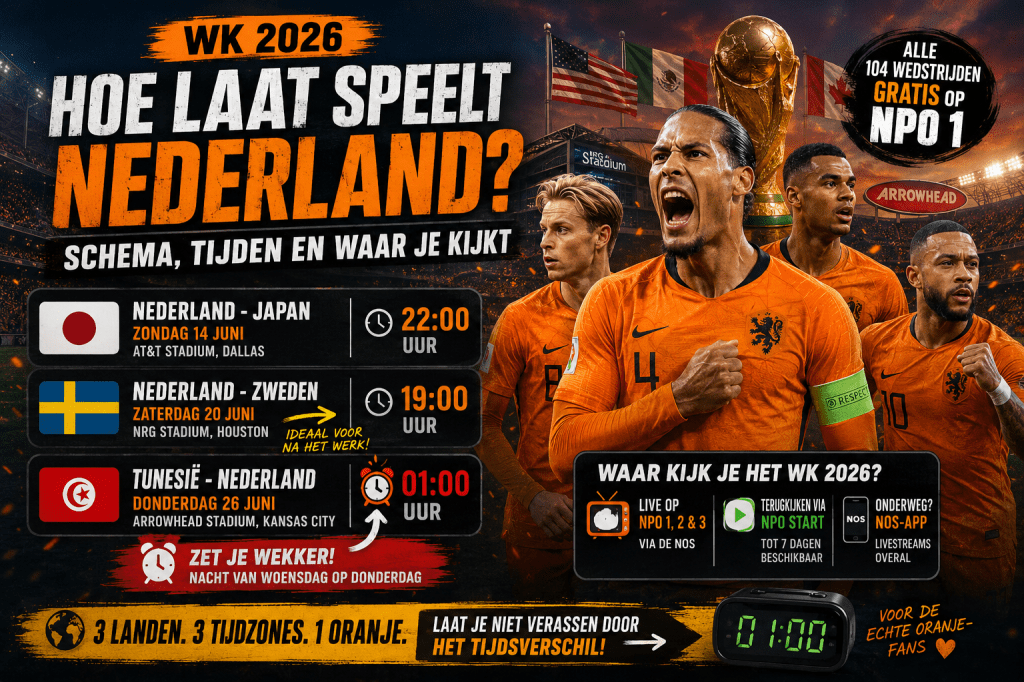 Hoe laat speelt Nederland op het WK 2026? Schema, tijden en waar je&nbsp;kijkt