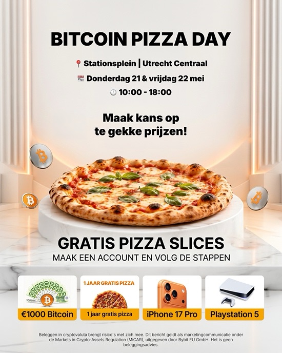 Bybit EU viert Bitcoin Pizza Day op 21 & 22 mei met pizza slices op Stationsplein,&nbsp;Utrecht